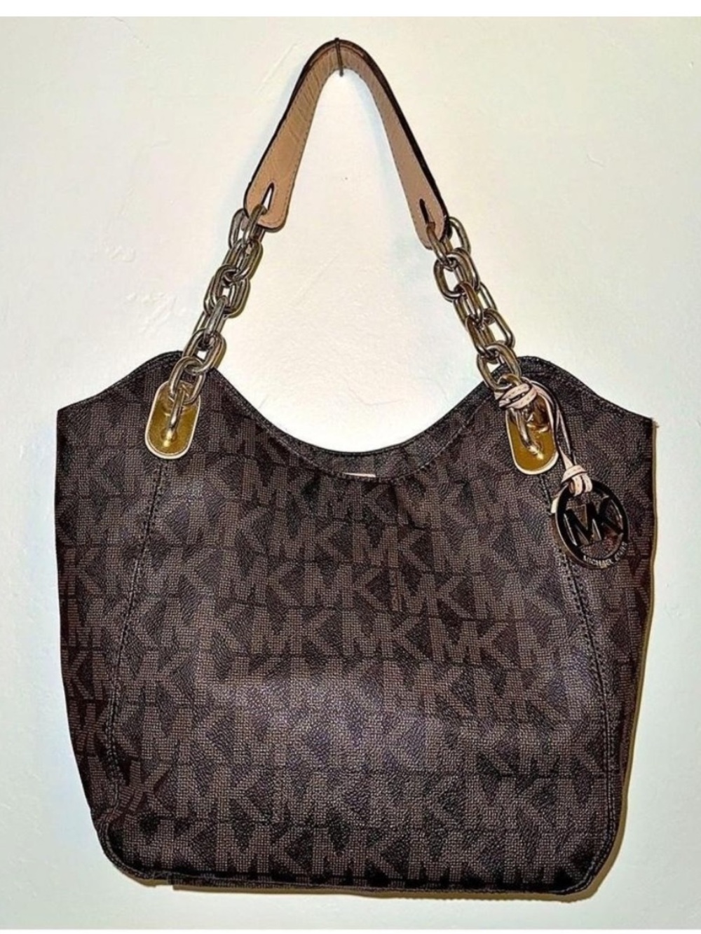 Michael Kors Dark Brown MK Logo Tote with Gold Chain Handles